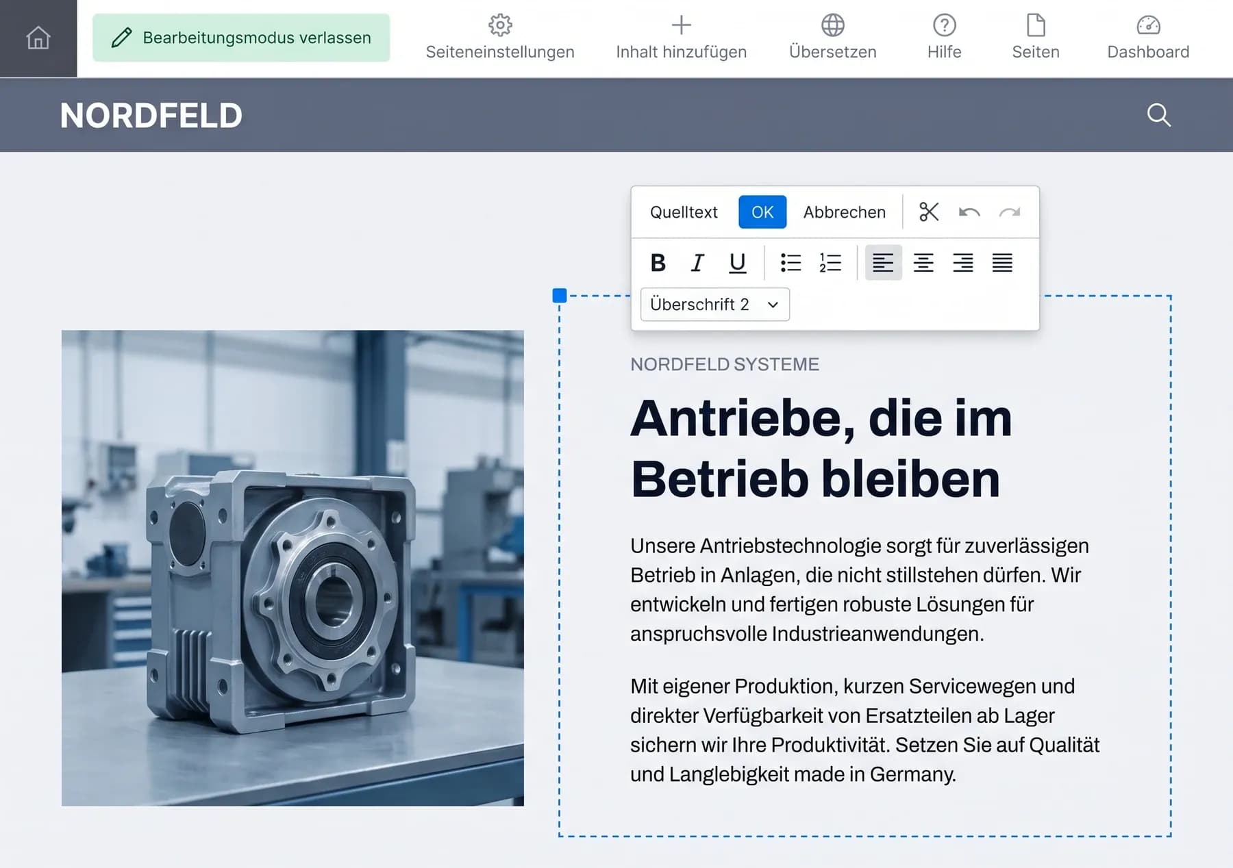 Eine Webseite im Bearbeitungsmodus. Oben die Leiste mit Bearbeitungsmodus verlassen, Seiteneinstellungen und Inhalt hinzufügen. Darunter die Seite selbst, ein Textbereich ist umrandet, darüber steht die Werkzeugleiste zum Schreiben.
