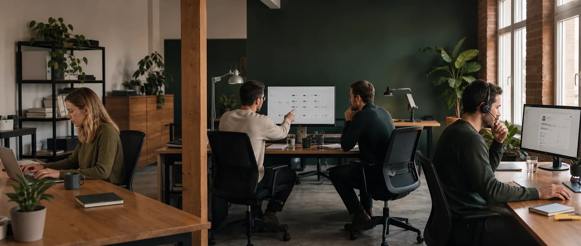 In einem Agenturbüro arbeiten Webseite, Marketing und Vertrieb an verschiedenen Stationen. Eine animierte Verbindung zeigt, wie derselbe Kontakt durch diese Bereiche weitergeführt wird.