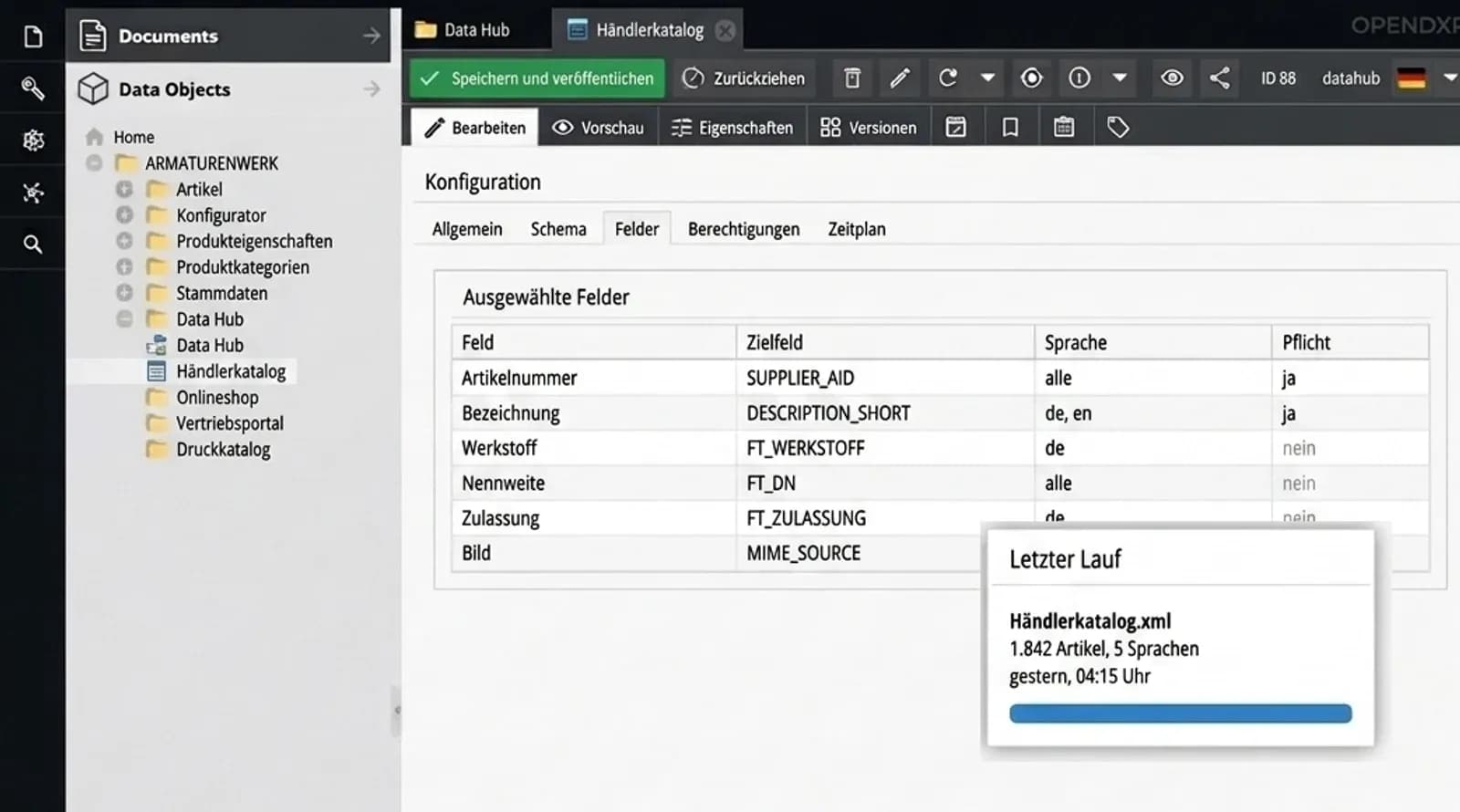 Der Data Hub von openDXP mit einer eingerichteten Ausgabe für den Handel. Eine Tabelle ordnet jedem Feld sein Zielfeld und seine Sprachen zu, daneben meldet eine Karte den letzten Lauf mit Dateiname, Anzahl der Artikel und Uhrzeit.