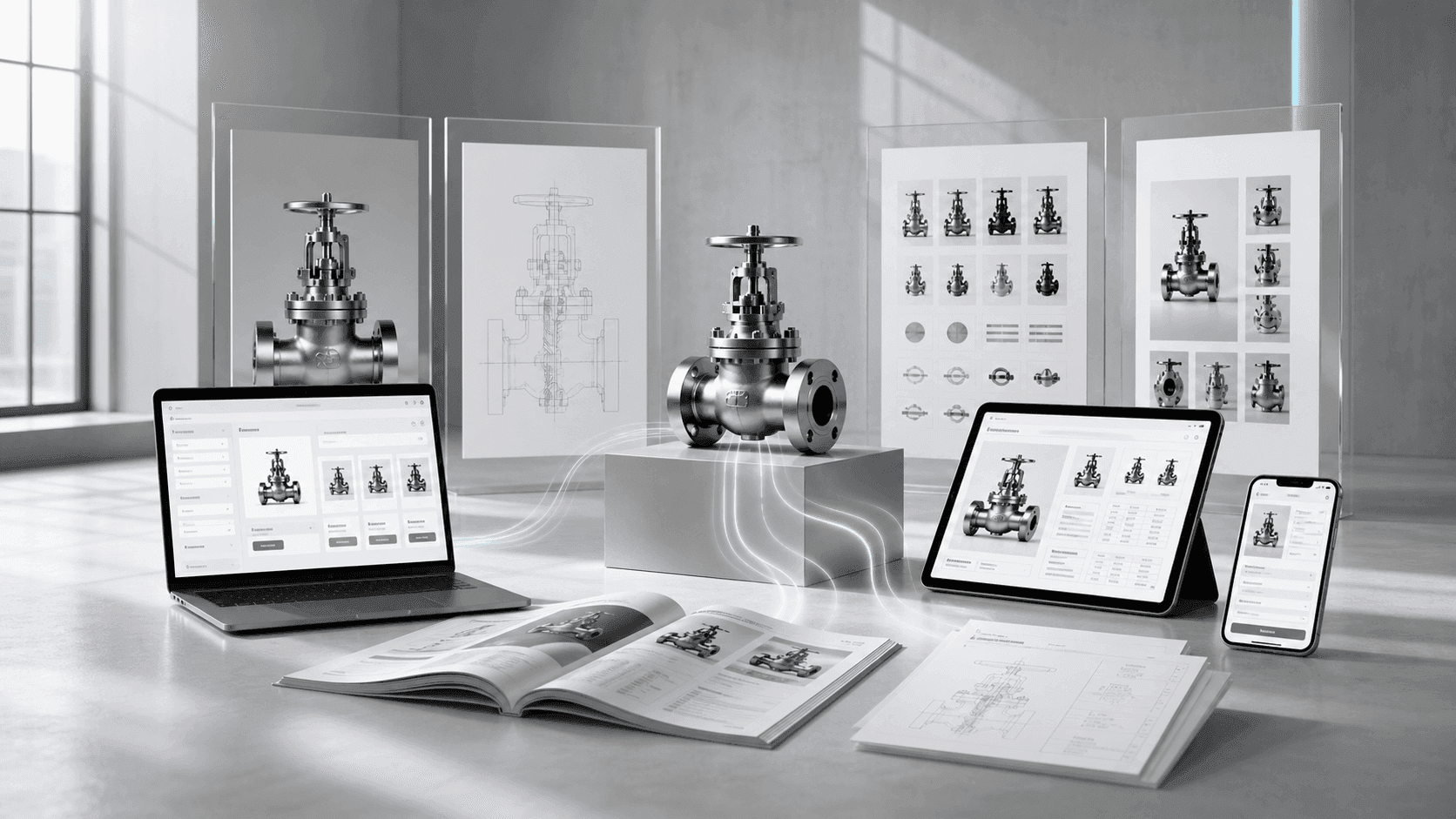 Ein technisches Produkt versorgt Produktfinder, App, digitalen Katalog, Datenblatt und Printkatalog mit denselben Daten.