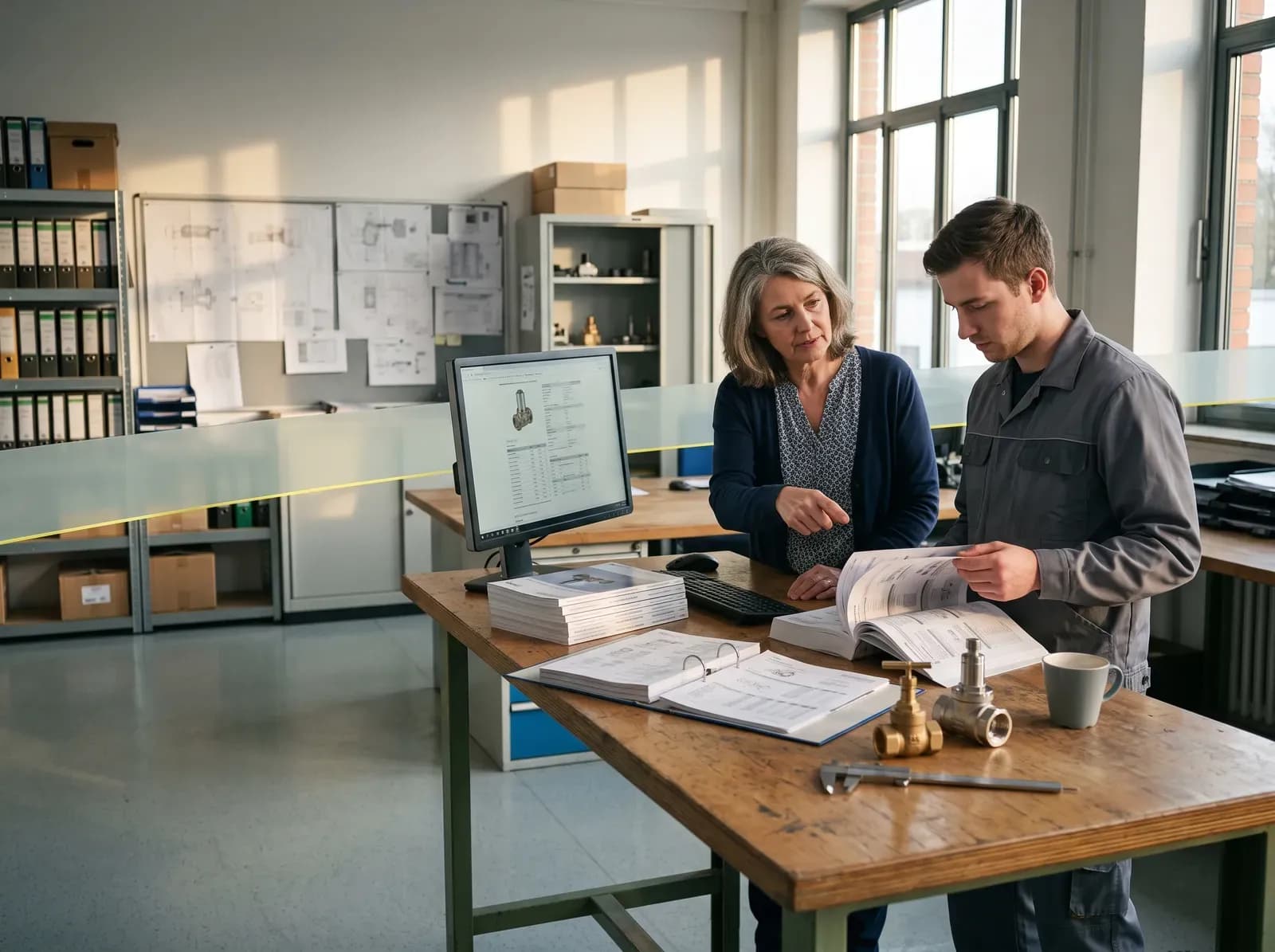 Technisches Büro eines Armaturenherstellers. Zwei Kollegen vergleichen einen gedruckten Katalog mit derselben Produktseite auf dem Bildschirm.