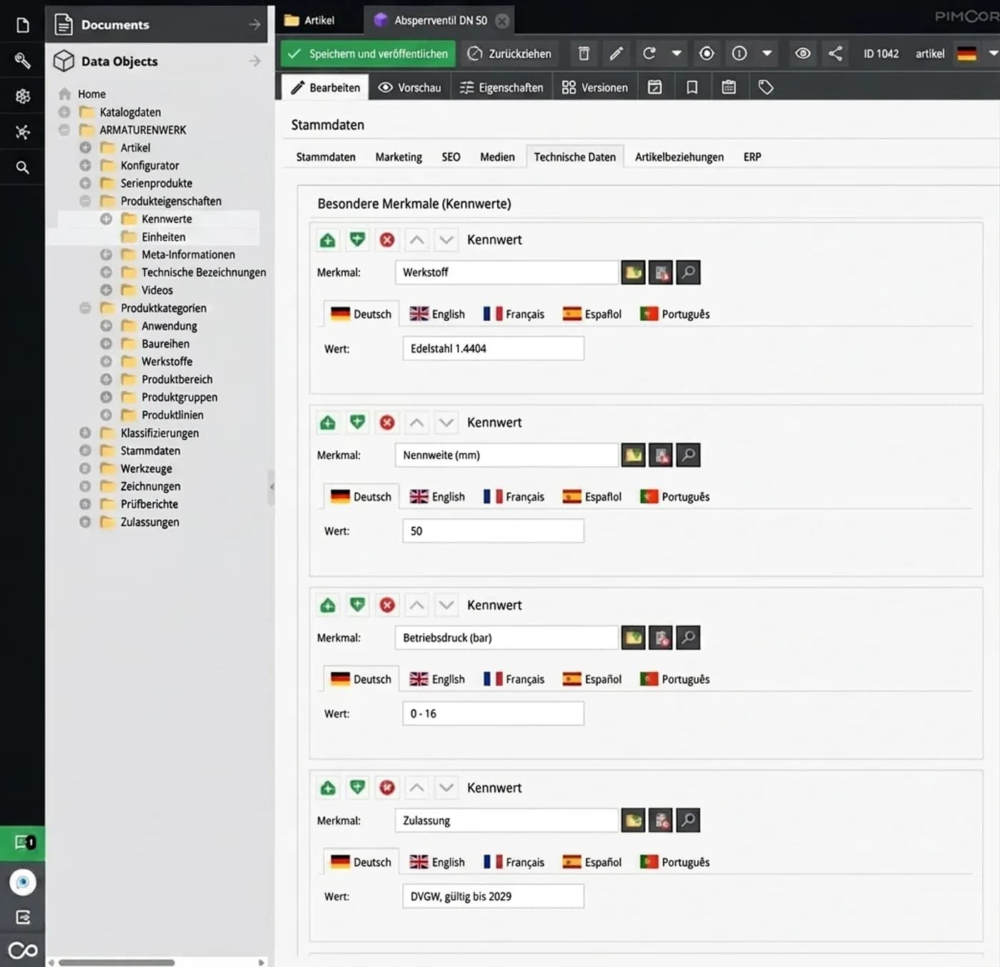 Ein Produktdatensatz in Pimcore. Links der Baum mit Artikeln, Produkteigenschaften und Kategorien, in der Mitte das Absperrventil DN 50 mit seinen technischen Kennwerten, jeder Wert in fünf Sprachen umschaltbar.