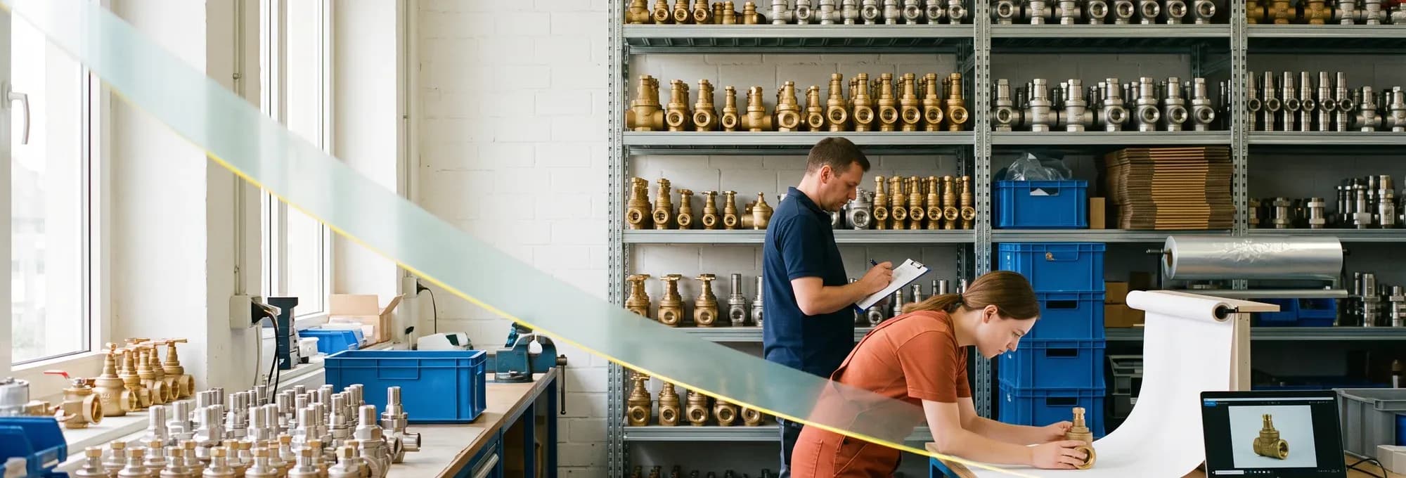 Der Fotoplatz eines Armaturenherstellers. Links dieselbe Baureihe in vielen Größen, rechts wird ein Ventil aufgenommen und erscheint sofort auf dem Bildschirm daneben.
