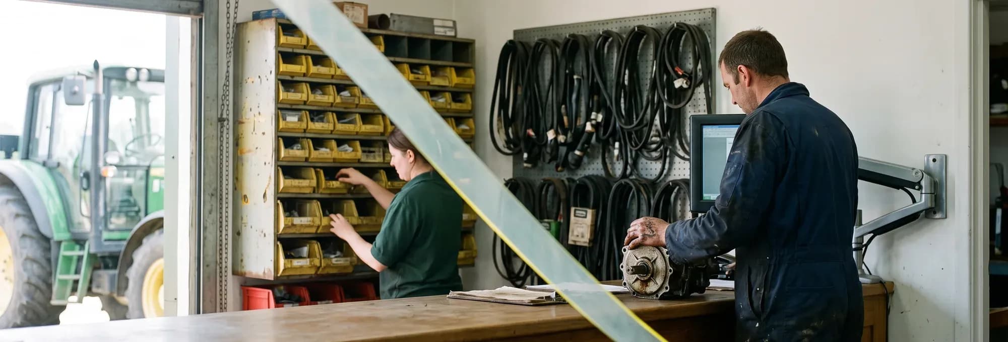 Servicetheke einer Landmaschinenwerkstatt. Ein Monteur legt ein Getriebeteil auf die Theke und sucht es am Bildschirm, dahinter greift eine Kollegin in ein Teilefach.