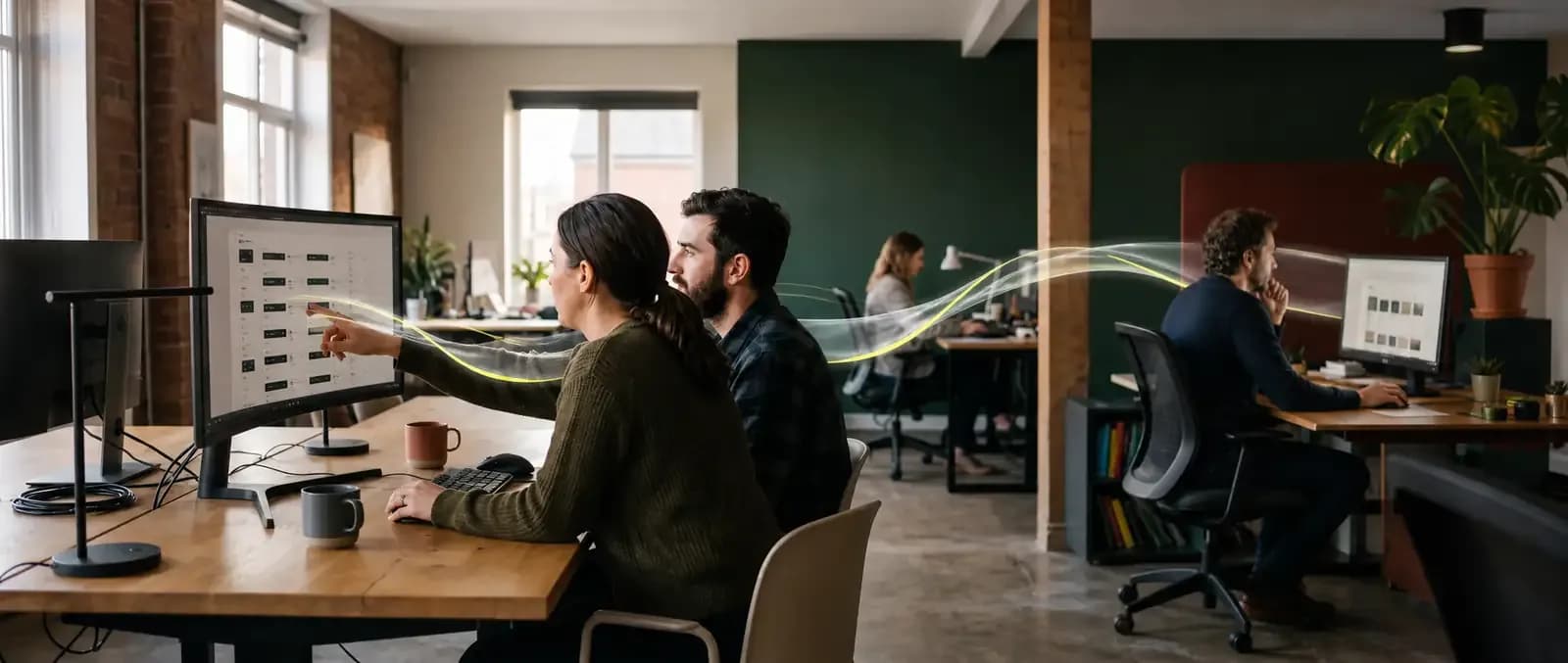 Ein Content-Team pflegt Informationen im Redaktionssystem. Ein sichtbarer Datenstrom verbindet diese Arbeit mit Marketing und einem Vertriebsarbeitsplatz, die dieselben Inhalte nutzen.