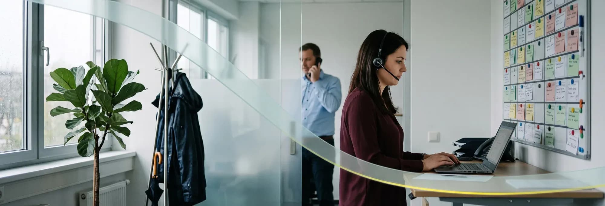 Vertriebsbüro an einem Regentag. Eine Mitarbeiterin telefoniert mit Headset am Stehtisch, hinter der Glaswand telefoniert ein Kollege, rechts hängt eine Plantafel.