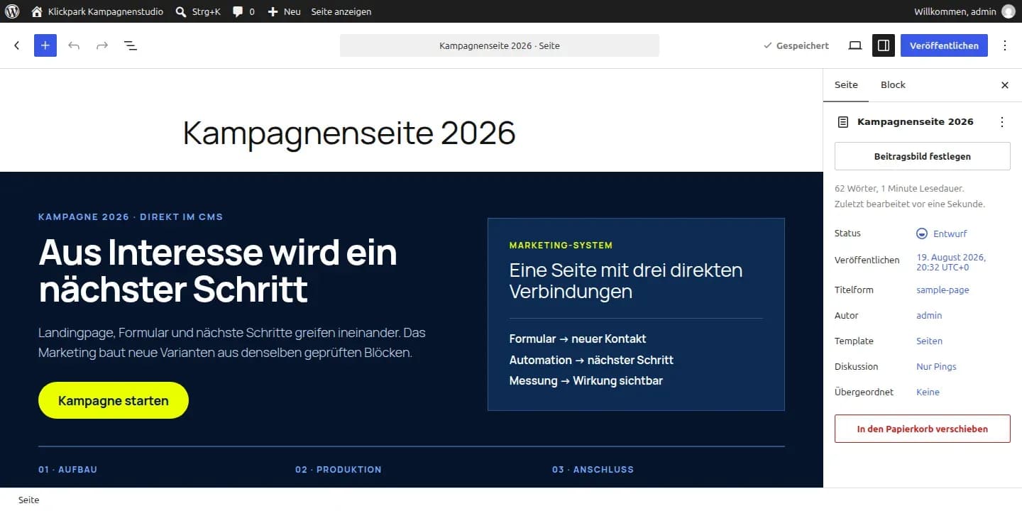 Der Block-Editor in WordPress 7.1 mit einer gestalteten Kampagnenseite aus eigenen Blöcken, Kontaktknopf und einem verbundenen Marketing-Ablauf.
