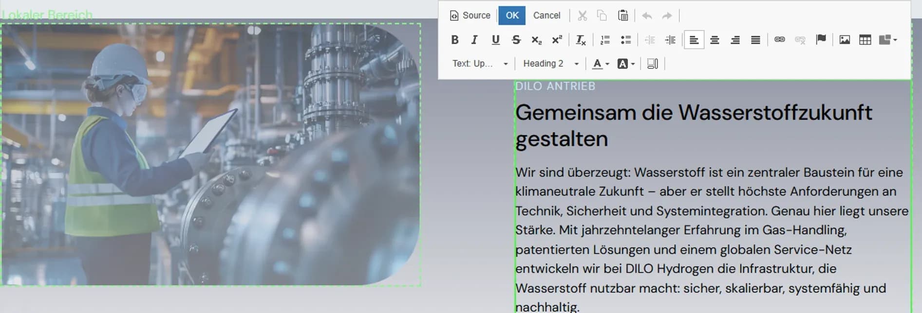 Der Bearbeitungsmodus einer laufenden Concrete-Webseite. Über dem Textabschnitt steht die Werkzeugleiste zum Schreiben, um den Abschnitt liegt der Rahmen seines Bereichs, und daneben steht der Inhalt so, wie ihn ein Besucher sieht.
