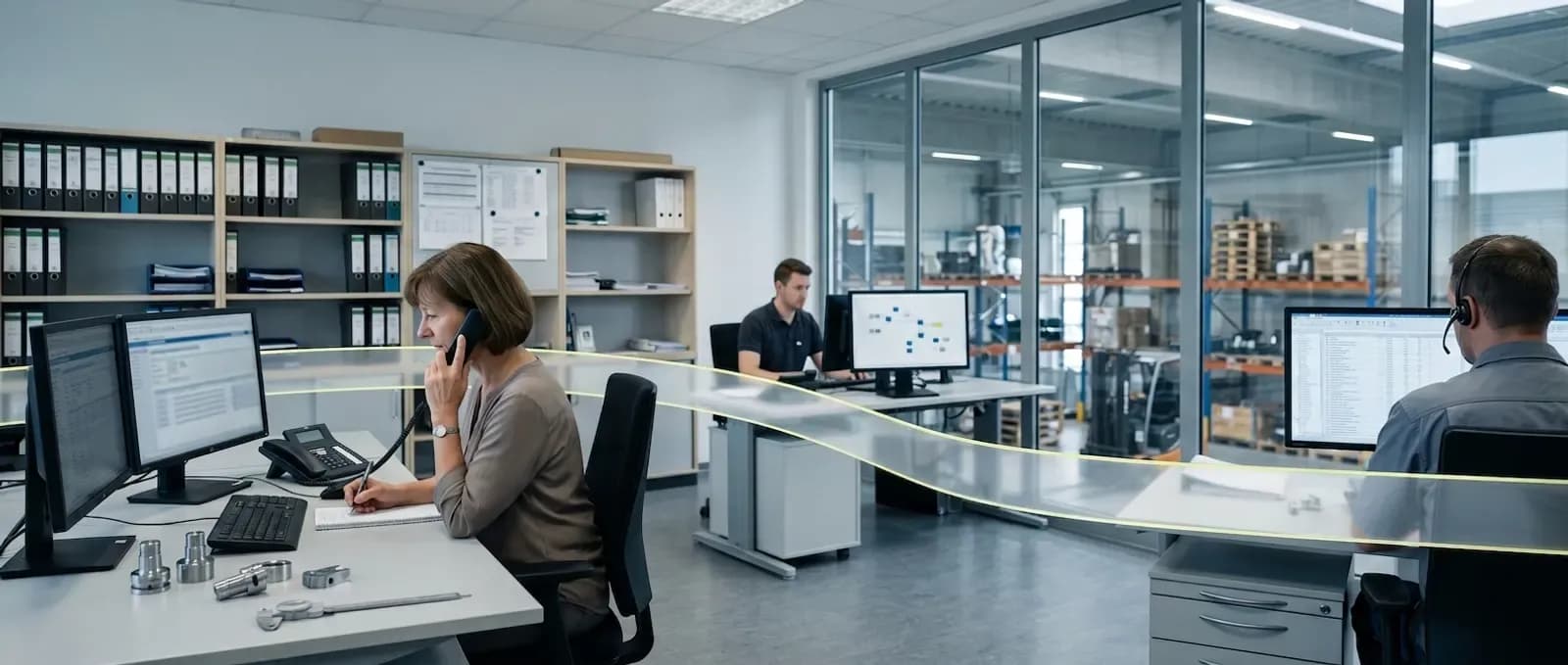 Der Innendienst eines Industriebetriebs mit Blick ins Ersatzteillager. Ein gläsernes Band verbindet die Mitarbeiterin, die eine Anfrage aufnimmt, den Ablauf auf dem Bildschirm und den Kollegen, der damit weiterarbeitet.