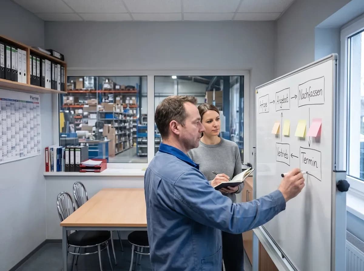 Zwei Kollegen in einem Industriebetrieb zeichnen den heutigen Weg einer Anfrage an ein Whiteboard, von der Anfrage über Angebot und Nachfassen bis zu Vertrieb und Termin, bevor daraus ein Ablauf wird.