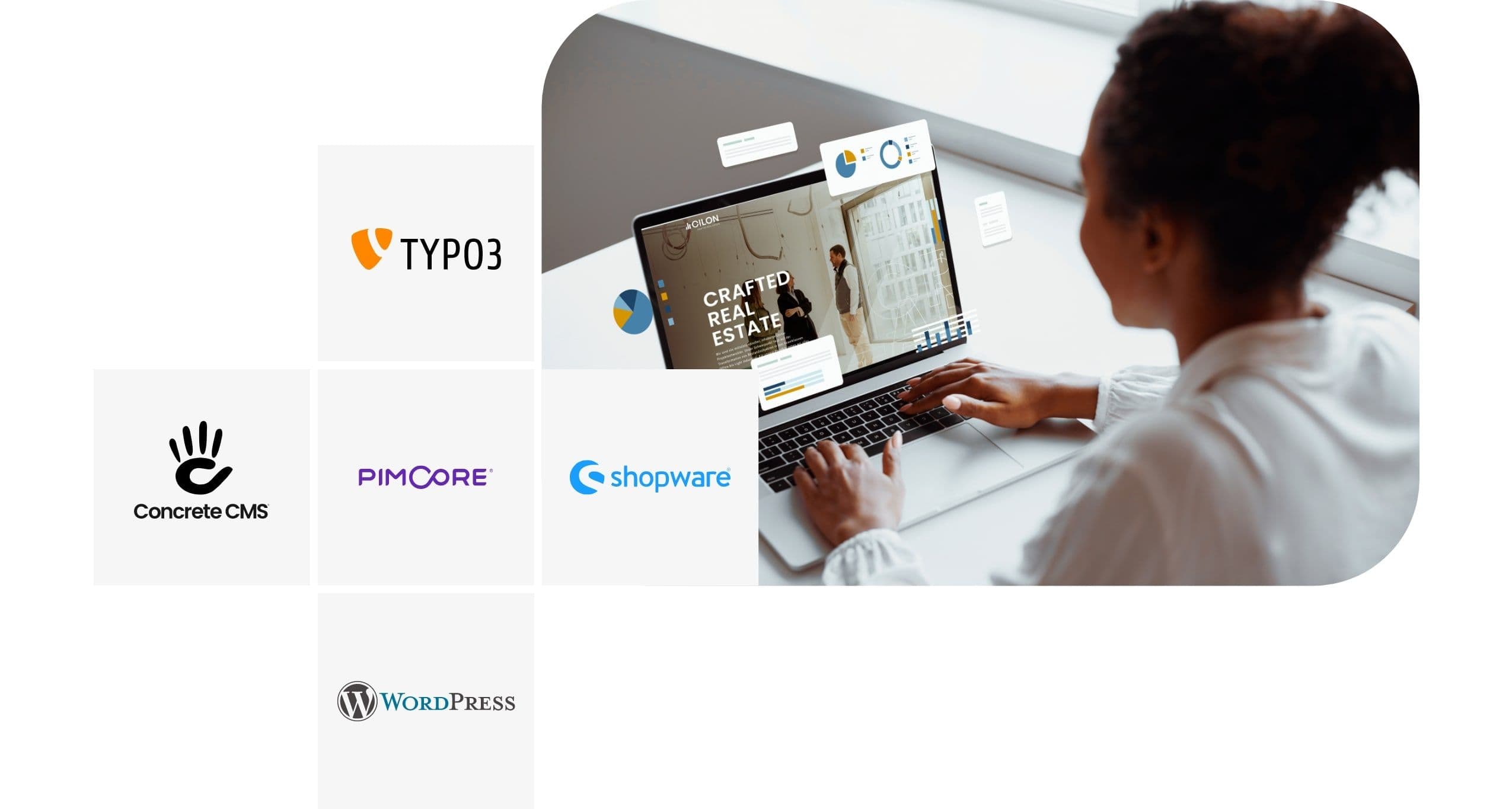 Technologien wie Concrete CMS, Pimcore, TYPO3 und Shopware, mit denen Klickpark Websites entwickelt.